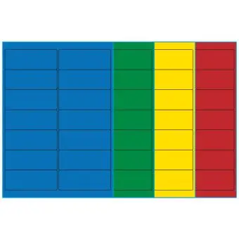A4-etiketter, 14 stansade etiketter/ark, 99,1 x 38,1 mm, (blå, grön, gul eller röd) 100 ark - Etiketter på A-4 ark, färgade