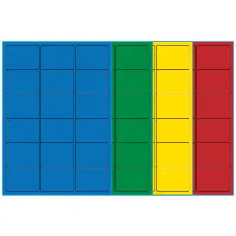 A4-etiketter, 18 stansade etiketter/ark, 63,5 x 46,6 mm, (blå, grön, gul eller röd) 100 ark - Etiketter på A-4 ark, färgade