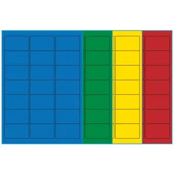 A4-etiketter, 21 stansade etiketter/ark, 63,5 x 38,1 mm, (blå, grön, gul eller röd) 100 ark - Etiketter på A-4 ark, färgade