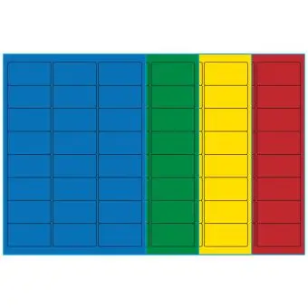 A4-etiketter, 24 stansade etiketter/ark, 64,0 x 33,9 mm, (blå, grön, gul eller röd) 100 ark - Etiketter på A-4 ark, färgade