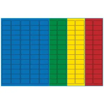 A4-etiketter, 65 stansade etiketter/ark, 38,1 x 21,2 mm, (blå, grön, gul eller röd) 100 ark - A4, A5 & A6 etiketter i ark