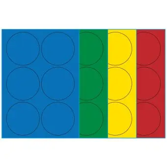 A4-etiketter, 6 stansade etiketter/ark, Ø90  mm, (blå, grön, gul eller röd) 100 ark - 