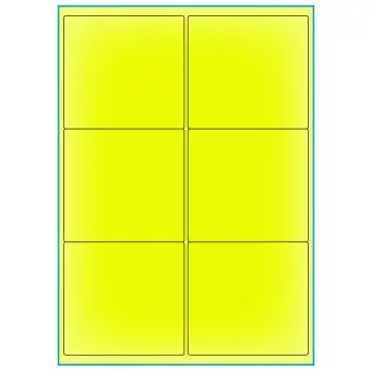 A4-etiketter, 6 stansade etiketter/ark, 99,1 x 93,1 mm, gul neon, 100 ark - Etiketter på A-4 ark, gul neon