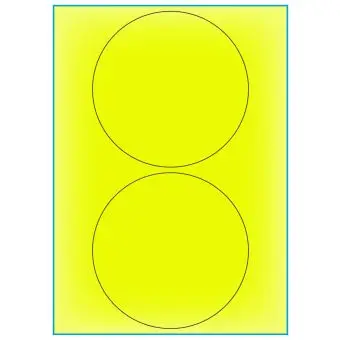 A4-etiketter, 2 stansade etiketter/ark, Ø140 mm, gul neon, 100 ark - Etiketter på A-4 ark, gul neon