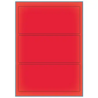 A4-etiketter, 3 stansade etiketter/ark, 198,0 x 85,0 mm, röd neon, 100 ark - Etiketter på A-4 ark, röd neon