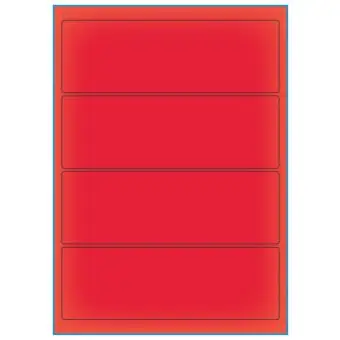A4-etiketter, 4 stansade etiketter/ark, 195,0 x 65,0 mm, röd neon, 100 ark - Etiketter på A-4 ark, röd neon