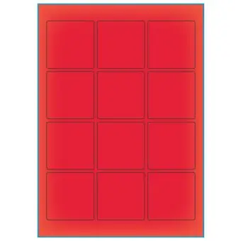 A4-etiketter, 12 stansade etiketter/ark, 60,0 x 60,0 mm, röd neon, 100 ark - Etiketter på A-4 ark, röd neon