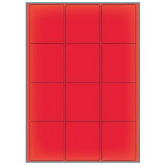 A4-etiketter, 12 stansade etiketter/ark, 63,5 x 72,0 mm, röd neon, 100 ark - Etiketter på A-4 ark, röd neon