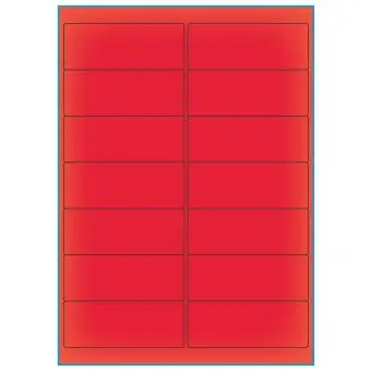 A4-etiketter, 14 stansade etiketter/ark, 99,1 x 38,1 mm, röd neon, 100 ark - Etiketter på A-4 ark, röd neon