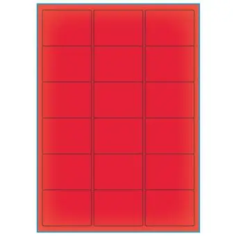 A4-etiketter, 18 stansade etiketter/ark, 63,5 x 46,6 mm, röd neon, 100 ark - Etiketter på A-4 ark, röd neon