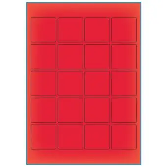 A4-etiketter, 20 stansade etiketter/ark, 45,0 x 45,0 mm, röd neon, 100 ark - Etiketter på A-4 ark, röd neon