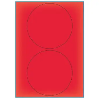 A4-etiketter, 2 stansade etiketter/ark, Ø140 mm, röd neon, 100 ark - Etiketter på A-4 ark, röd neon
