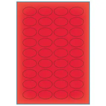 A4-etiketter, ovale, 36 stansade etiketter/ark, 40,0 x 25,0 mm, röd neon, 100 ark - Etiketter på A-4 ark, röd neon