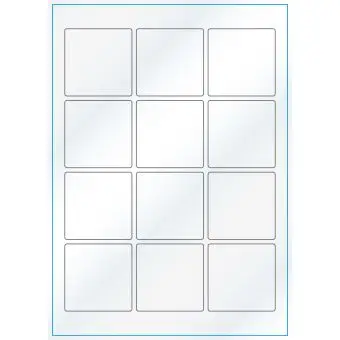 A4-12 kvad.,Gloss,12 stansade etiketter/ark, 60,0 x 60,0 mm, vit/gloss, 100 ark - Etiketter på A-4 ark, vit blank