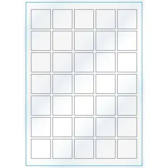 A4-35 kvad., Gloss, 35 stansade etiketter/ark, 35,0 x 35,0 mm, vit/gloss, 100 ark - Etiketter på A-4 ark, vit blank