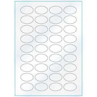 A4-36 ovala, Gloss, 36 stansade etiketter/ark, 40,0 x 25,0 mm, vit/gloss, 100 ark - Etiketter på A-4 ark, vit blank