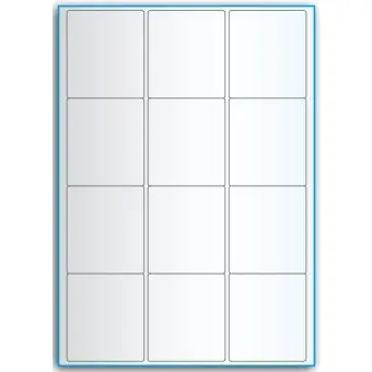 A4-etiketter, 12 stansade etiketter/ark, 63,5 x 72,0 mm, transparent, 50 ark - Etiketter på A-4 ark, transparent
